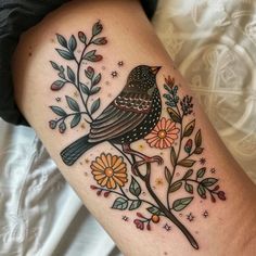 Blackbird Tattoo Art Collection Traditional Tattoo Women Sleeve, Meadowsweet Tattoo, Nature Stomach Tattoos, Storybook Style Tattoo, Birds Flowers Tattoo, Feminine American Traditional Tattoos Black, Small Elbow Tattoos For Women, Tradional Tattoo Women, Elderberry Tattoo