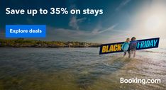 two people are walking in the water with a black friday sign over their heads and text reading save up to 35 % on stays