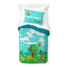 an image of a bed with mario bros comforter and pillowcases on it