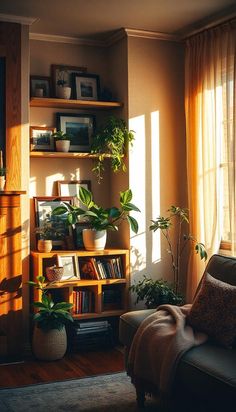 a living room filled with furniture and lots of plants on top of bookshelves