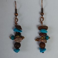 With Natural Stones And Wood. Blue And Brown Colour. Handmade Turquoise Casual Earrings, Rustic Nickel-free Blue Jewelry, Casual Blue Earrings For Beach, Blue Rustic Dangle Jewelry, Handmade Rustic Blue Jewelry, Brown Colour, Blue And Brown, Earrings Color, Boho Earrings