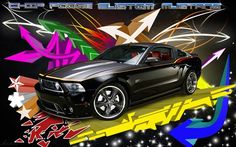 a black mustang car with colorful graphics on it