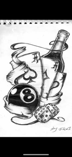 a black and white drawing of a bottle with a bowling ball on it's side