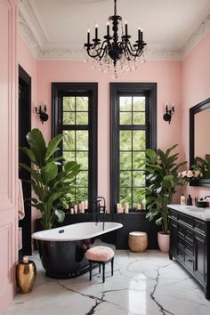 an elegant bathroom with pink walls and black trimmings, marble flooring, chandelier, claw foot bathtub