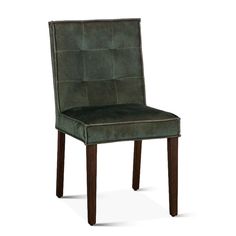 an upholstered chair with wooden legs and a green leather seat pad on the back