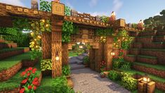 an image of a minecraft garden with lights and flowers on the trees in the background