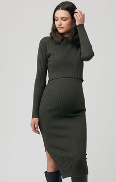 Introducing our Nella Rib Nursing Knit Dress, versatile and soft this beautiful maternity midi dress is a classic. The soft ribbed fabric is designed to grow with you through pregnancy and beyond with its lift-up nursing feature. The long sleeves and high neckline make this dress chic as well as comfortable. Exactly what you will need. Maternity and nursing dress in Ivy Green shadeFashionable ribbed knit jersey Fitted style Round neckline Lift-up for nursing accessLong sleeves Model is 179cm tal Nursing Sweater, Long Sleeve Maternity Dress, Tiffany Rose, Pregnant Wedding Dress, Maternity Nursing Dress, Maternity Midi Dress, Maternity Outfits, Party Kleidung, Pregnancy Stages