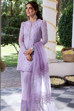 Lavender Embellished Pakistani  Party Dress In Trouser Style Makeup Tip, Pakistani Party Wear, Simple Pakistani Dresses, Eid Collection, Pakistani Dress Design, Stylish Dress Designs, Trouser Style, Chiffon Shirt, Party Wear Dresses