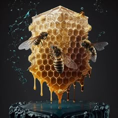 two honeybees on top of a blue cake covered in honey dripping from the beehive