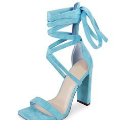 Powder Blue Tie Up Heels Brand New/Never Worn Heel Height Approximately 4” Man Made Materials Blue Lace-up Heels For Summer, Spring Blue Heels With Wrapped Heel, Blue Wrapped Heel Spring Heels, Blue Lace-up Heels With Wrapped Heel, Chic Blue Lace-up Heels, Tie Up Heels, Blue Tie, Blue Ties, Powder Blue