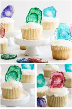 some cupcakes with icing and colorful frosting on them