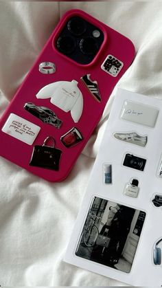 a cell phone case with many different things on it and some magnets attached to the back