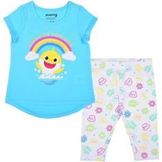 This two-piece set includes a short sleeve top with shark and rainbow screen print, and a pair of elastic waist pants with ashell print. Cotton. Polyester. Size: 2T.  Color: Blue.  Gender: female.  Age Group: infant. Stylish Clothes For Girls, Nickelodeon Girls, Shark Girl, Toddler Top, Shark T Shirt, Patterned Leggings, Leggings Set, Girls Clothing Sets