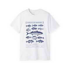 Elevate your streetwear game with this trendy and comfortable cotton tee, featuring a retro print of native Brazilian fish. Perfect for nature enthusiasts and vintage design lovers, this classic fit tee showcases detailed illustrations of various fish species found along the Brazilian coast. Made from high-quality cotton, it's ideal for casual wear or as a unique gift. Dive into the charm of Brazilian wildlife with this one-of-a-kind shirt and make a stylish statement on the streets! .: This unisex tee is an excellent, all-season wear thanks to its medium fabric (6.0 oz/yd² (203 g/m. Made with 100% US cotton, this tee guarantees long-lasting comfort and style.  .: The classic fit along with the crew neckline make it a highly versatile choice for casual and semi-formal occasions as its neat Graphic Tee T-shirt With Fish Print, Graphic Fish Print Short Sleeve T-shirt, Graphic Fish Print T-shirt With Short Sleeves, Graphic Tee With Fish Print Short Sleeve, Fish Print Crew Neck Graphic Tee, Graphic Tee With Fish Print And Crew Neck, White Cotton T-shirt With Fish Print, Casual Cotton T-shirt With Fish Print, Fish Species