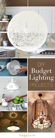 a collage of photos with the words diy budget lighting projects on it and pictures of kitchen lights