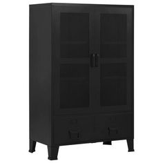 a black cabinet with two doors and drawers