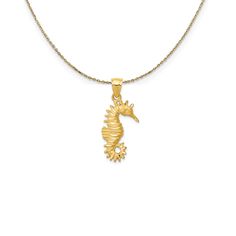 Marine life treasures, beautiful and bizarre creatures of the vast seas realistically sculpted in 14k gold. This 2-dimensional diamond-cut seahorse pendant measures approximately 12mm (7/16 Inch) wide by 25mm (1 Inch) long, which includes the tapered bail. Includes a 18 inch long, 0.9mm wide, solid 14k yellow gold cable chain with a spring ring clasp. Seahorse Necklace, Seahorse Pendant, Snake Chain Bracelets, Bow Jewelry, Cross Bracelet, Yellow Gold Pendants, Beautiful Watches, Jewelry Companies, Love Necklace