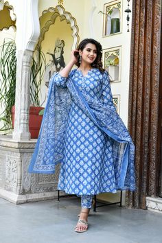 Blue Printed Viscose Rayon Kurta And Pant Set Top Details : Length :Calf Shape :Regular Fit Work :Printed Neck Line :V-neck Fabric :Viscose Blend Color :Blue Bottom Details : Length :38 Style :Pant Fabric :Viscose Blend Dupatta Details : Length :2.2mtr Fabric :Pure Cotton Wash Care :Machine wash Weight :400 gm A Line Suit, Kameez Style, Cotton Suit Designs, Pant Suit Set, Simple Kurta, Stylish Kurtis, Simple Frocks, Simple Kurti Designs, Salwar Designs