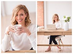 a woman sitting at a table with a laptop and holding a coffee cup in front of her