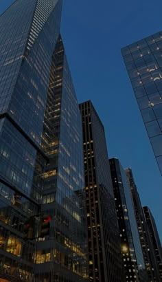 the skyscrapers are all lit up at night