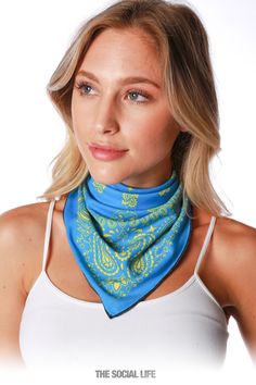 Summer Bandana Print Scarves, Casual Blue Scarves With Bandana Print, Casual Blue Bandana, Spring Multicolor Bandana Print Scarves, Summer Blue Bandana, Casual Blue Bandana Print Scarf, Yellow Summer Bandana, Bandana Neck Scarf, Blue Casual Bandana Print Scarf