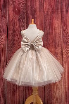 Elegant champagne flower girl dress features with crew neck, a-line skirt adorn with pearls, and v-back with bow. ♡ Fabric: Tulle, Satin ♡ Color: Champagne ♡ Length: Tea Length ♡ Time: Processing Time + Shipping Time Processing Time: 12-15 days; Shipping Time: 3-5 days. ♡ If you need this product urgently, or have any questions,please contact our customer service through our live chat or email: contact@modcody.com ♡ Our dresses run true to size. ♡ Besides size 2-14, we still offer free custom si Champagne Flower Girl Dress, Champagne Flower Girl, Flower Girl Dresses Champagne, Dress With Pearls, Champagne Flowers, River Wedding, Bow Fabric, Dress Champagne, Pearl Dress