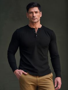 M's Classic Cotton long Sleeve Henley | Ahaselected Husband Clothes, Long Sleeve Shirt Outfits, Sweater Outfits Men, Aha Moment, Mens Outdoor Clothing, Affordable Shirts, Henley Shirt Men, Guys Clothing Styles, Mens Henley