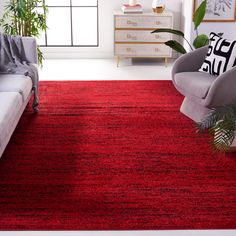 a living room with two couches and a red rug