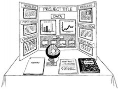 a drawing of a table with papers and folders on it that are labeled project title data