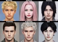 six different types of male and female hairstyles, each with their own hair color