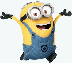 a cartoon minion holding two bananas in one hand and wearing overalls with eyes wide open