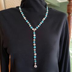 This Lucky Brand Lariat Necklace, New With Tags, Is Truly Striking With Its Turquoise Colored Stones And Hammered Silver Tone Discs. The Perfect Piece For Summer! Cross Pendent, Turquoise Choker, Double Chain Necklace, Agate Pendant Necklace, Lucky Brand Jewelry, Gold Long Necklace, Colored Stones, Fringe Necklace, Flower Pendant Necklace