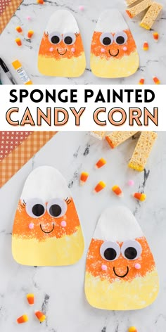 sponge painted candy corn on a marble surface with text overlay that says sponge painted candy corn