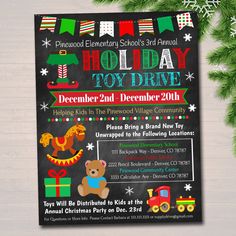 a holiday toy drive flyer is shown on a wooden table with christmas decorations and presents