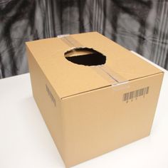 a cardboard box with a hole in it on a white tableclothed surface,