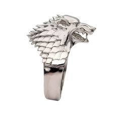 Faithfully sculpted with the House Stark emblem of a direwolf, this handsome Game of Thrones House Stark Direwolf Ring will let your enemies know where your loyalties lie. Cast in durable stainless steel, this ring comes in Men sizes 8-12. Become an honorary member of House Stark with this ring! Officially licensed Game of Thrones collectible. Produced by SalesOne. Size: 10.  Color: Silver.  Gender: male.  Age Group: adult. Stark Wolf, Stark Direwolf, Game Of Thrones House Stark, Wolf Ring, Mens Stainless Steel Rings, Dire Wolf, House Stark, Mens Ring Sizes, Game Of Thrones Fans