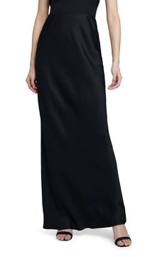 This supple satin maxi skirt is understated and elevated with a soft sheen and a comfy concealed-elastic waist. Concealed-elastic waist 55% rayon, 45% viscose Dry clean Imported Full Length Satin Finish Maxi Dress, Silk Floor-length Bias Cut Maxi Skirt, Silk Bias Cut Floor-length Maxi Skirt, Silk Bias-cut Floor-length Maxi Skirt, Relaxed Satin Maxi Skirt, Satin Floor-length Maxi Skirt, Flowy Satin Maxi Skirt, Silk Floor-length Maxi Skirt, Evening Satin Maxi Skirt