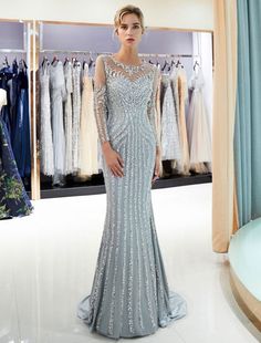 Evening Dresses Long Sleeve Light Grey Mermaid Beading Illusion Luxury Formal Gowns Long Party Gowns, Train Silhouette, Elegant Evening Dresses, Sparkly Prom Dresses, Long Sleeve Evening Gowns, Dresses Mother Of The Bride, Custom Prom Dress, Sequin Evening Dresses, Long Sleeve Prom