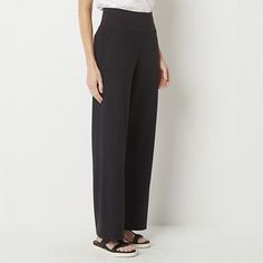 Comfort and style should be top of mind when deciding what to wear for the day, and Stylus' women's pull-on pants are perfect to complement everything in your wardrobe. This high-rise pant is crafted from soft stretch-knit and features a wide waistband for a slimming silhouette with side slant pockets for your key essentials.Front Style: Flat FrontClosure Type: Pull OnFit: Regular FitPockets: 2 Front Slip Pockets, 2 Back Faux PocketsRise: High RiseFiber Content: 83% Polyester, 17% SpandexFabric Wide Leg Pants With Pull-on Style And Comfort Stretch, Wide Leg Pants With Comfort Stretch And Pull-on Style, Casual Wide-leg Elastane Yoga Pants, Versatile Wide Leg Pull-on Sweatpants, Versatile Black Pull-on Pants, Black Comfort Stretch Straight Leg Pants, Pull-on Style Wide-leg Elastane Bottoms, Versatile Wide-leg Bottoms With Relaxed Fit, Versatile Relaxed Fit Wide-leg Pants