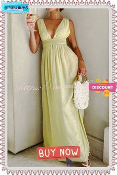 Easy Breezy Deep V Neck Vacation Maxi Dress Trendy Solid Color Maxi Dress For Spring, Trendy Solid Color Spring Maxi Dress, Summer Party Maxi Dress In Solid Color, Casual Yellow Maxi Dress For Evening, Trendy Solid Color Maxi Dress For Summer, Casual Yellow Maxi Dress For Date Night, Vacation Maxi Dress, Dresses By Length, Easy Breezy