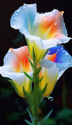 two colorful flowers with water droplets on them