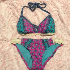 This Bathing Suit Is New Without Tags And In Perfect Condition! The Colors Are So Perfect For Spring/Summer! Medium Top And Medium Bottom. Listed As Victoria’s Secret For Views Fitted Patterned Sets For Summer, Summer Festival Stretch Sets, Floral Print Patterned Sets For The Beach, Stretch Sets For Summer Festivals, Patterned Sets For Beach, Floral Print Patterned Sets For Beach, Floral Print Beach Sets In Patterned Color, Patterned Beach Sets, Bohemian Fitted Beach Sets