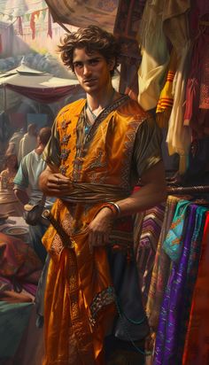 a painting of a man in an orange outfit