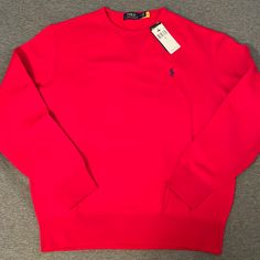 Polo By Ralph Lauren Sweatshirt Classic Red Crew Neck Sweater, Casual Red Sweater With Ribbed Cuffs, Classic Red Long Sleeve Sweater, Classic Red Crew Neck Sweatshirt, Classic Red Cotton Sweatshirt, Classic Red Tops With Relaxed Fit, Classic Red Top With Relaxed Fit, Red Long Sleeve Tops With Ribbed Cuffs, Spring Red Top With Ribbed Cuffs