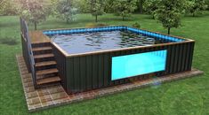 a pool made out of shipping containers in the middle of a yard with steps leading up to it