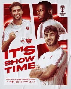 two men standing next to each other in front of a red and white poster that says it's show time