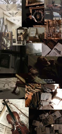 a collage of photos with various items in them including an old violin, books and pictures