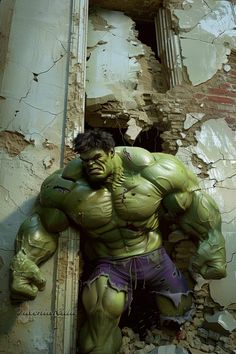 the incredible hulk man is standing in front of an old building with peeling paint on it