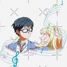 two anime characters with musical notes in the background and one holding his head on another's shoulder