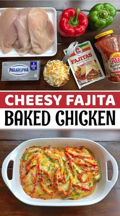 cheesy fajita baked chicken in a casserole dish with ingredients on the side